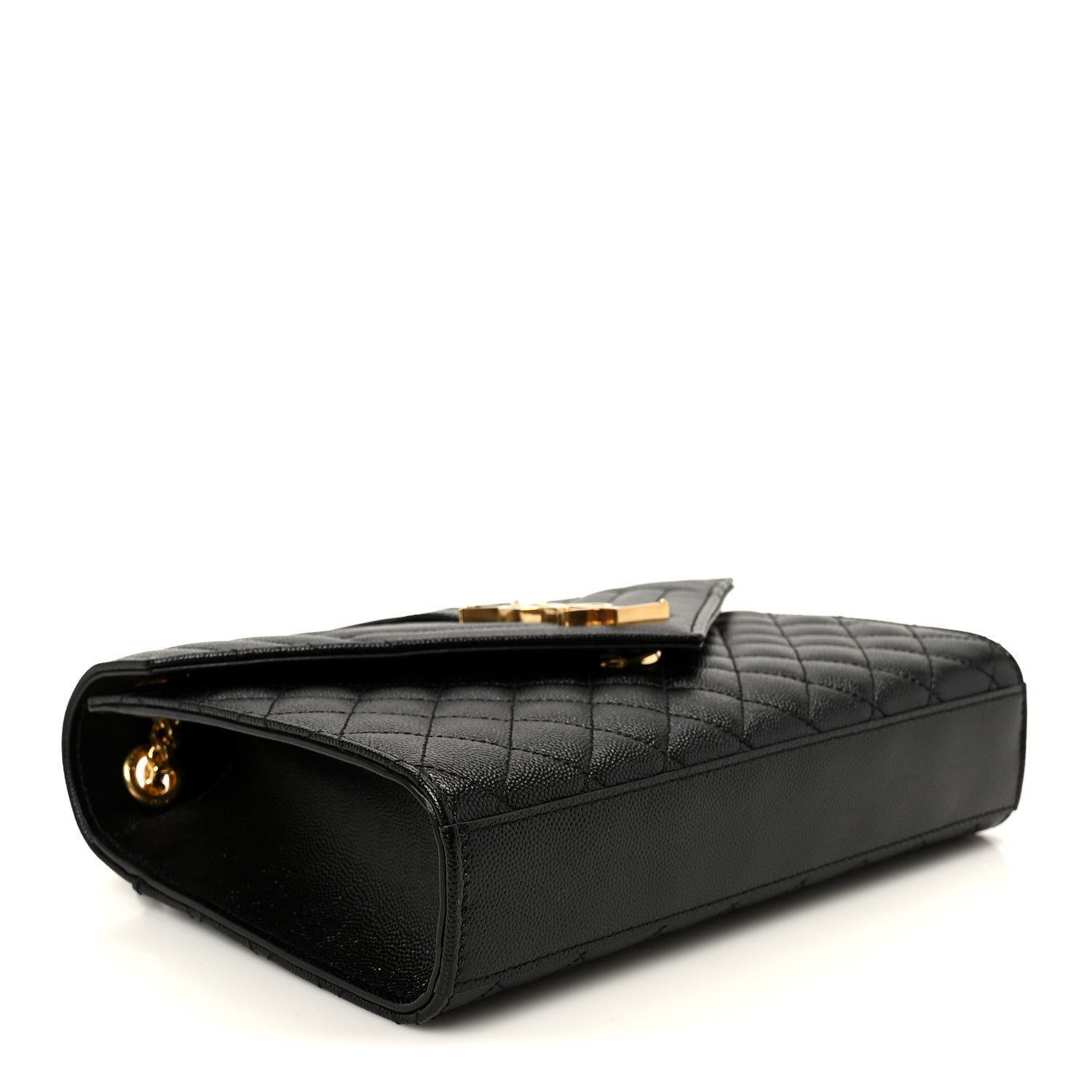 Black quilted satchel bag with smooth top handle and gold hardware