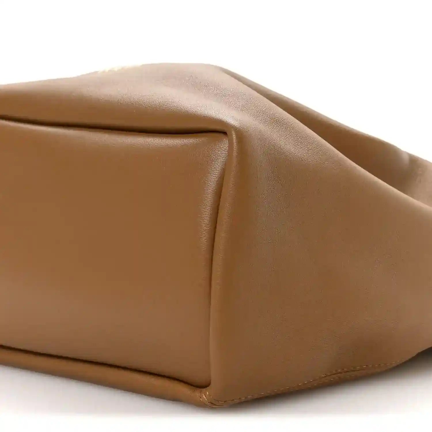 Loewe nappa small squeeze bag in oak-brown leather, close-up of folded side