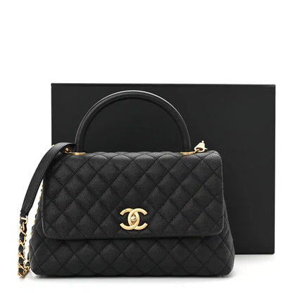 Black quilted caviar leather flap bag with CC logo, top handle and gold chain strap