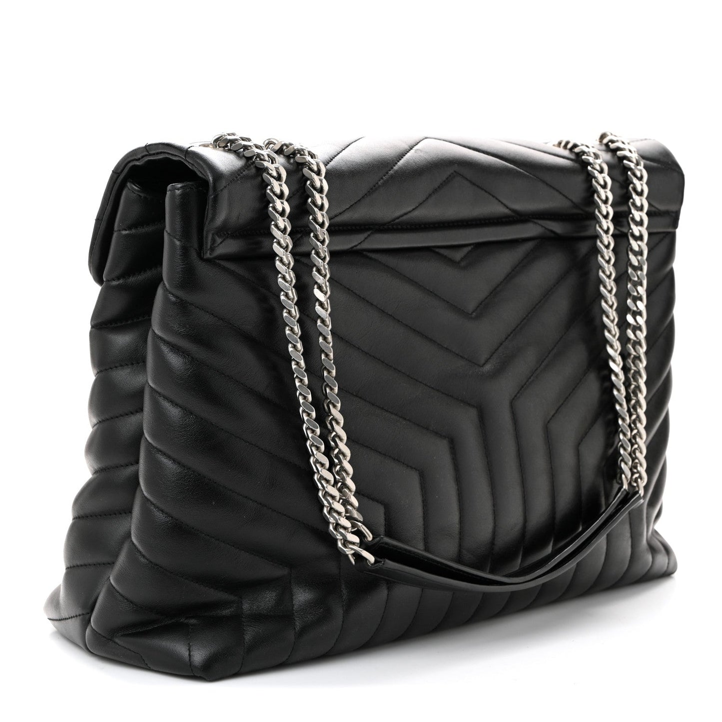 Black quilted leather flap satchel with silver chain and YSL logo