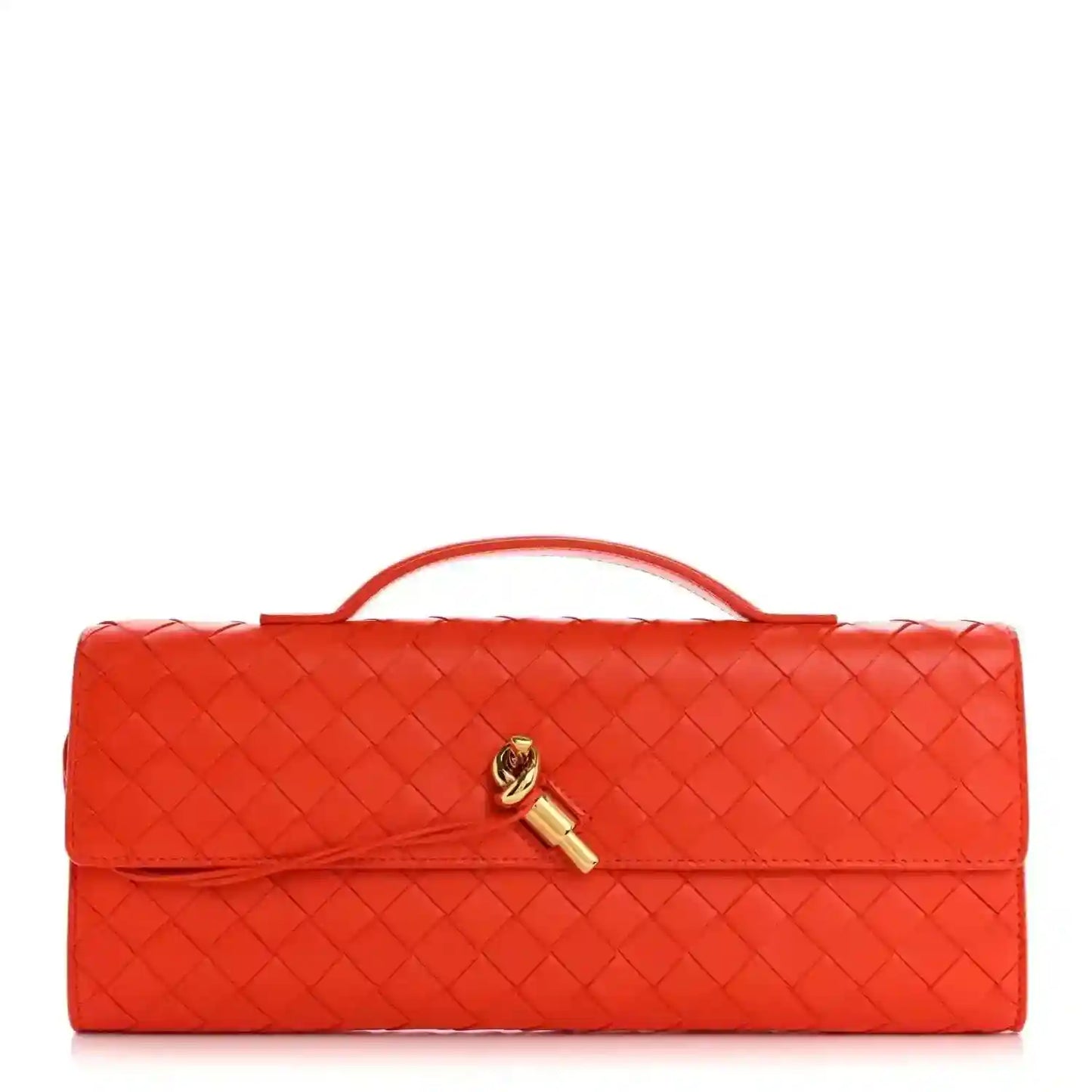Orange intrecciato nappa top handle clutch with gold-tone clasp and braided detail
