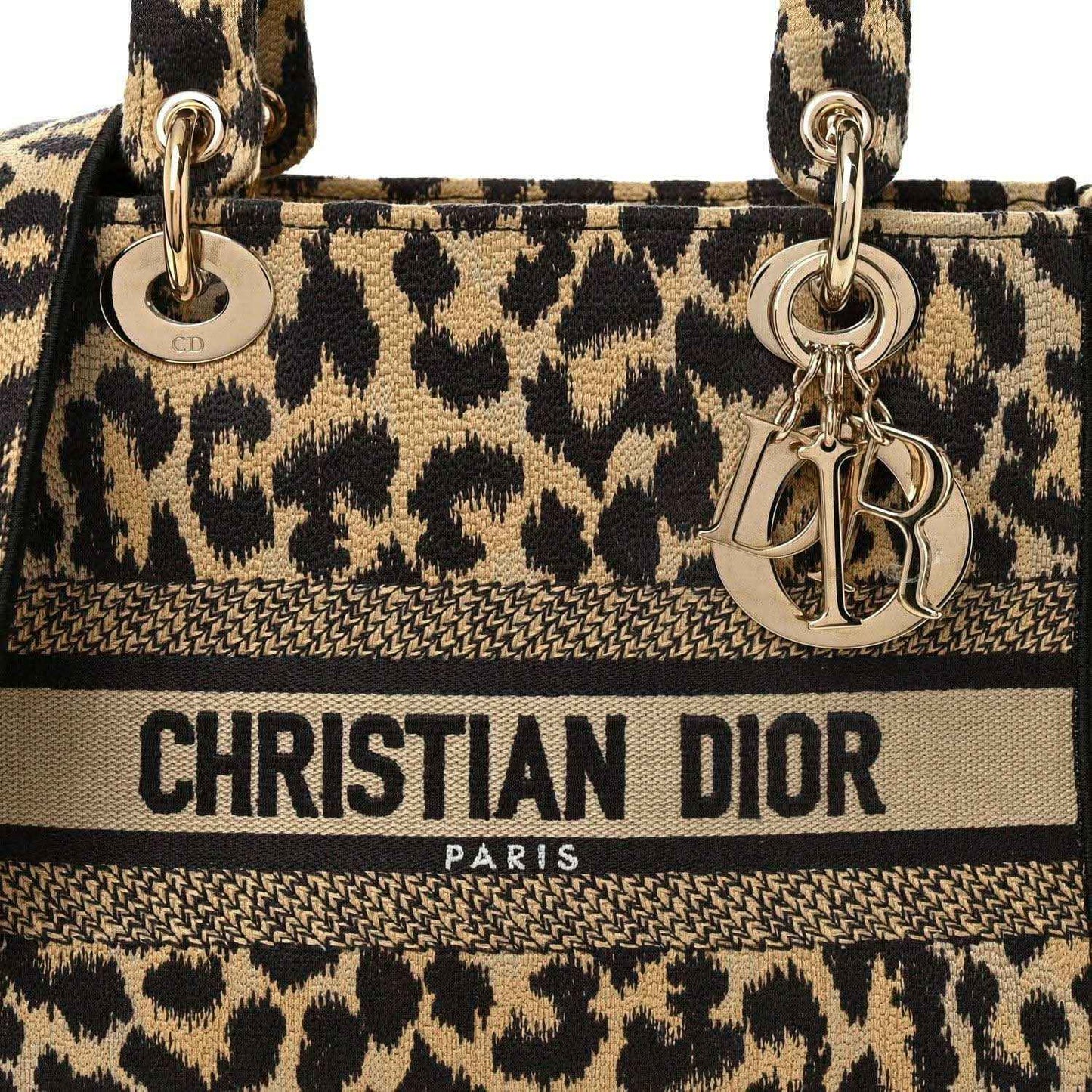 Christian Dior leopard canvas bag front with Dior logo band and D charm