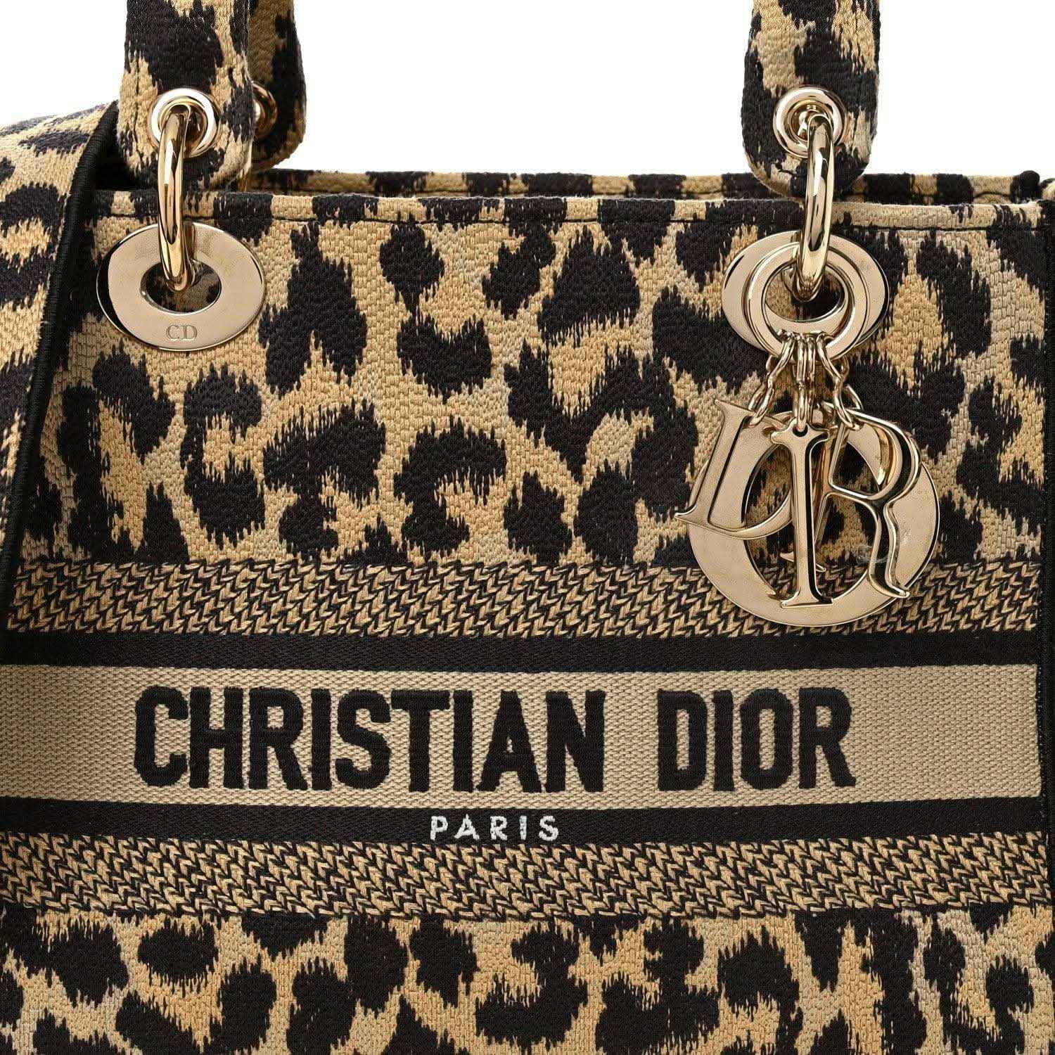 Christian Dior leopard canvas bag front with Dior logo band and D charm