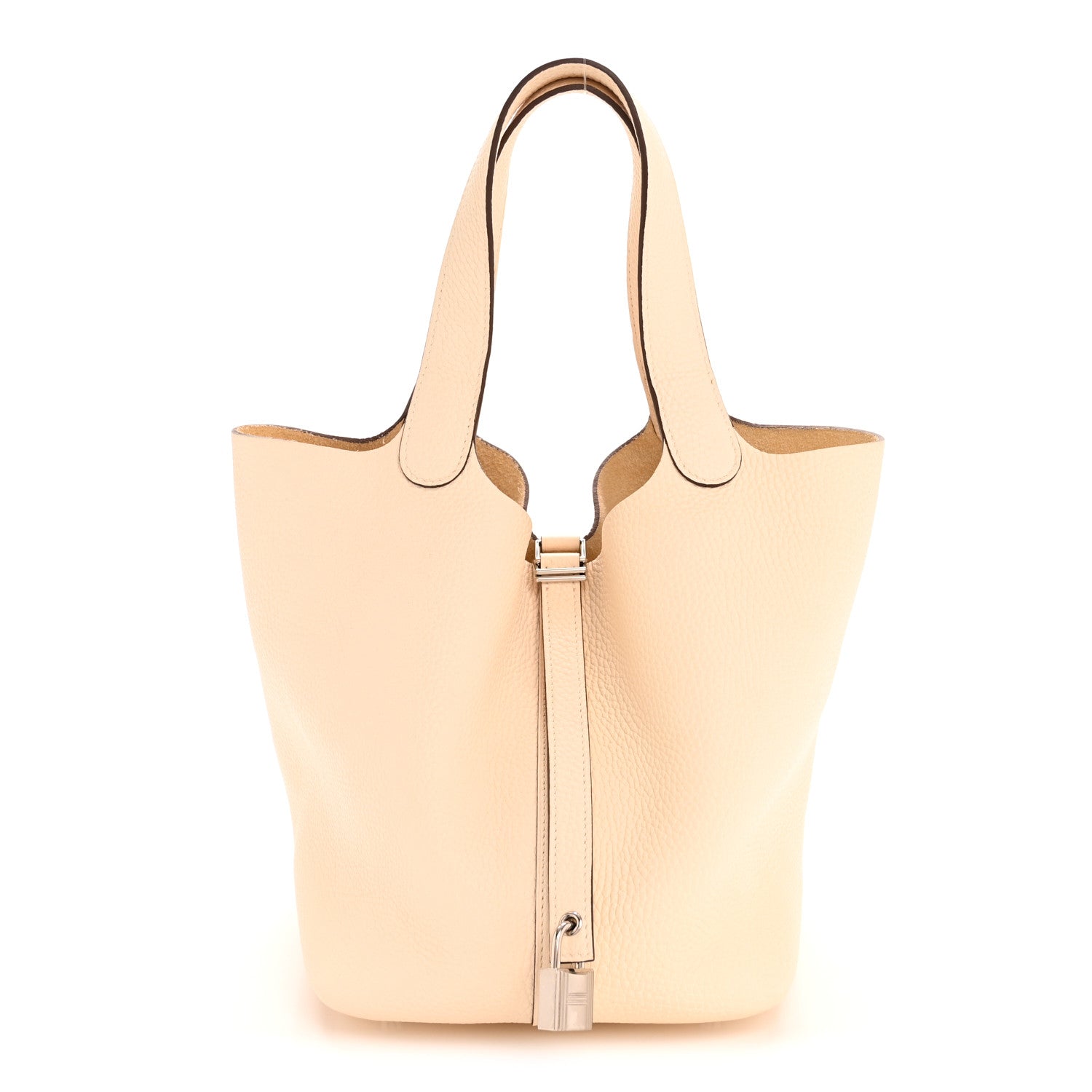 Light beige leather bucket bag with top handles and front lock closure