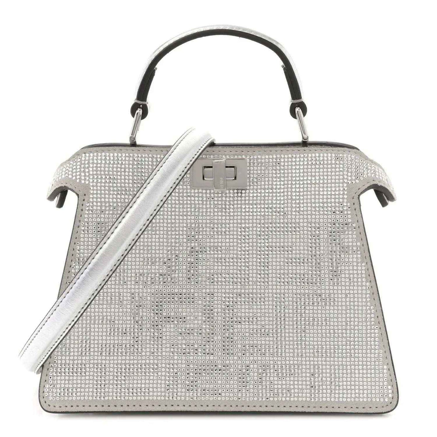 Silver crystal satchel with top handles, front turn-lock and leather trim
