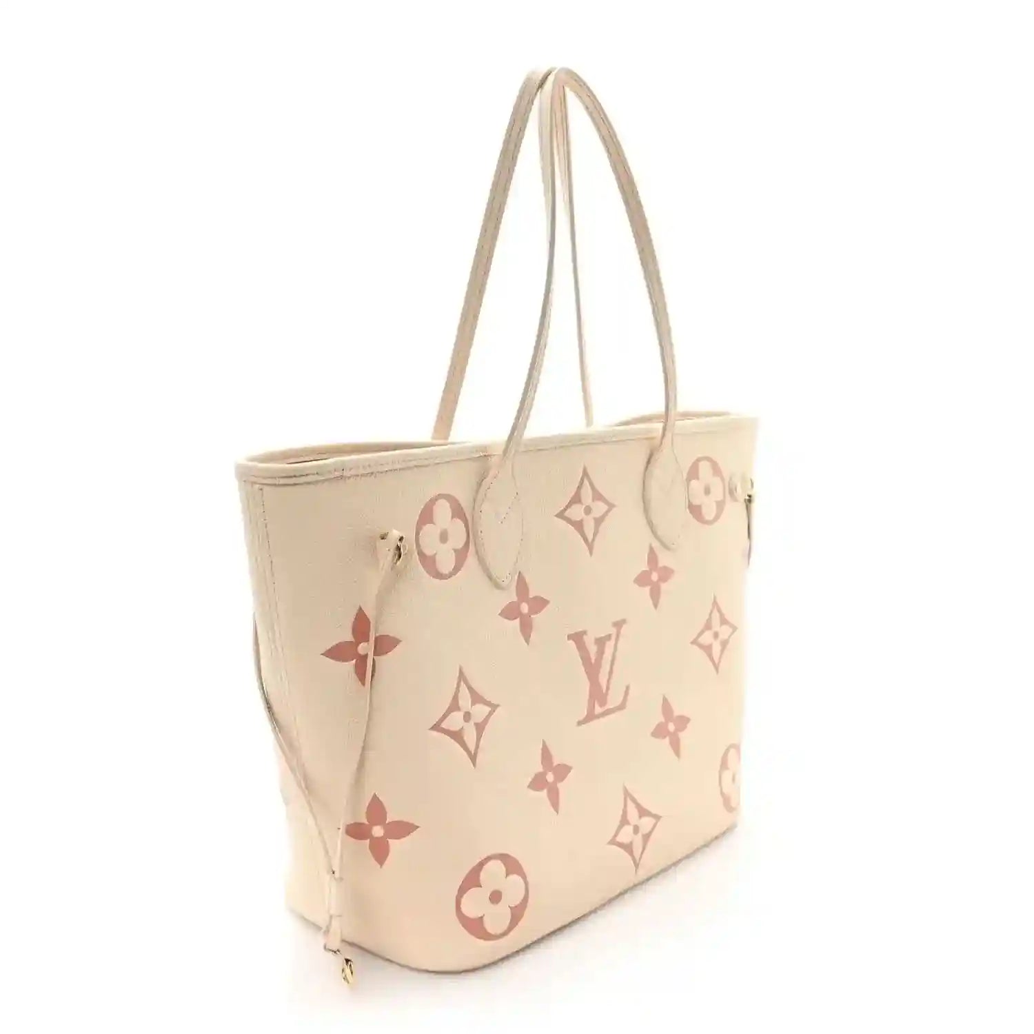 Louis Vuitton Neverfull MM tote bag side view with rose monogram on creme, top handles