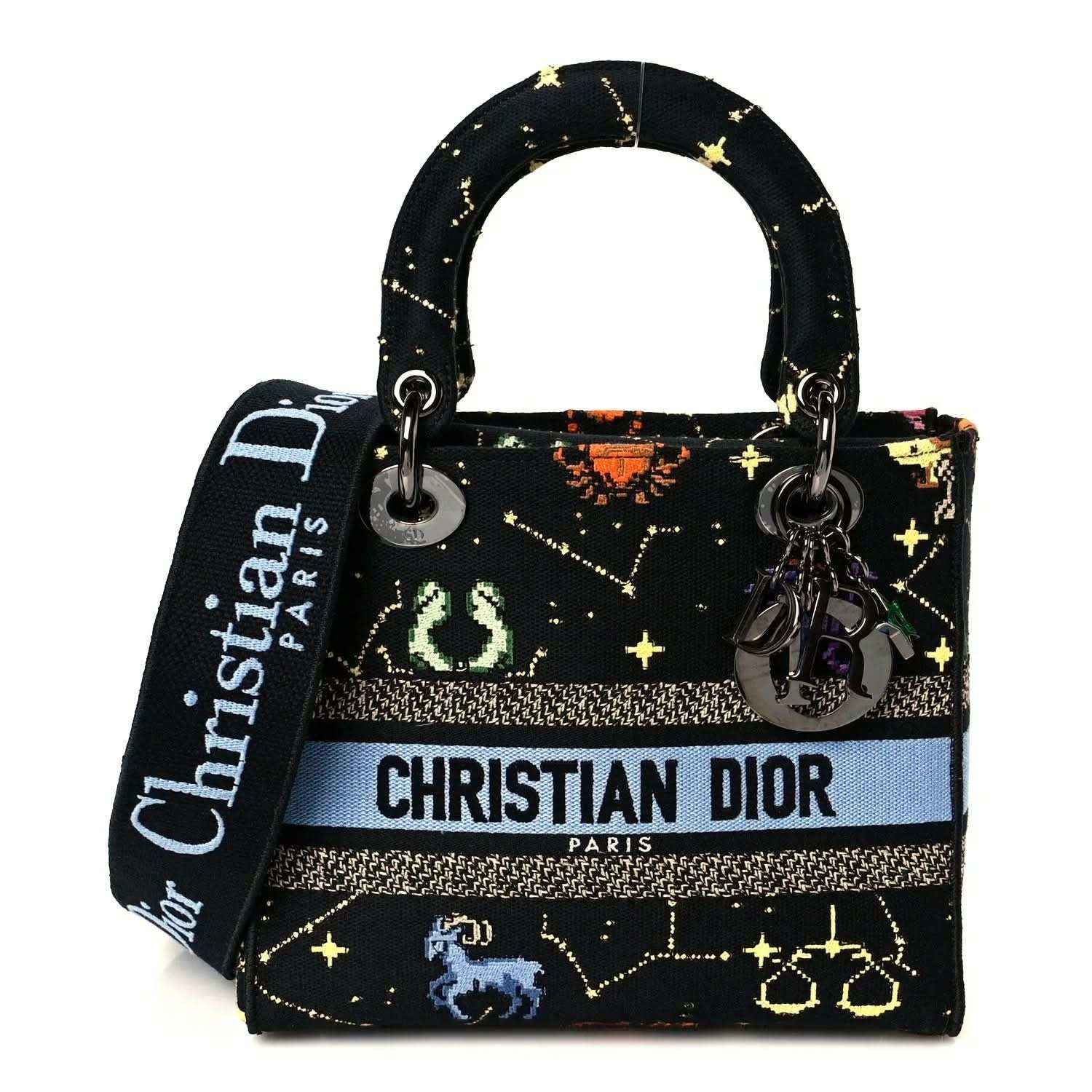 Medium top-handle handbag in black canvas with zodiac pixel motif and CHRISTIAN DIOR logo