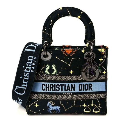 Medium top-handle handbag in black canvas with zodiac pixel motif and CHRISTIAN DIOR logo