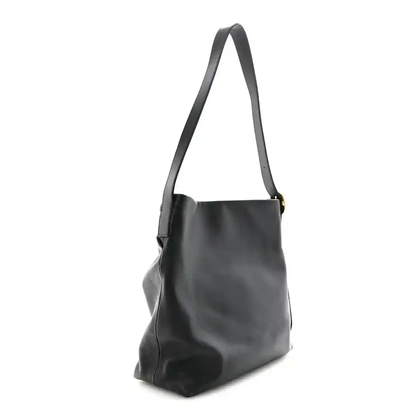 Black leather mini tote bag with wide shoulder strap and gathered front