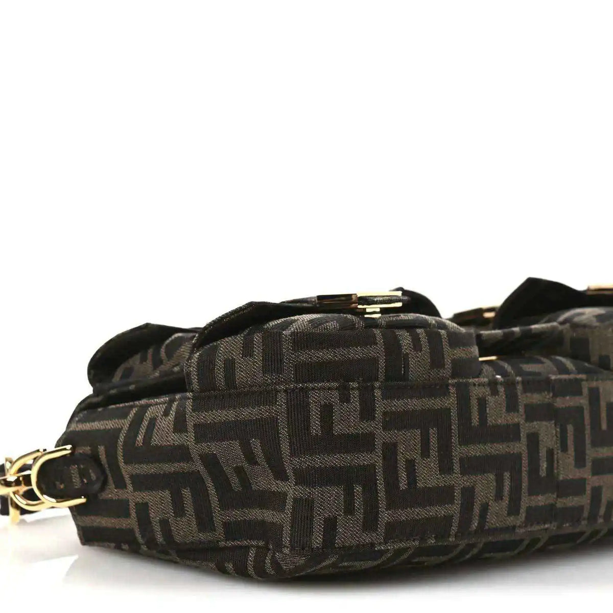 Fendi FF jacquard baguette bag close-up from side, dark brown patterned fabric and clasp