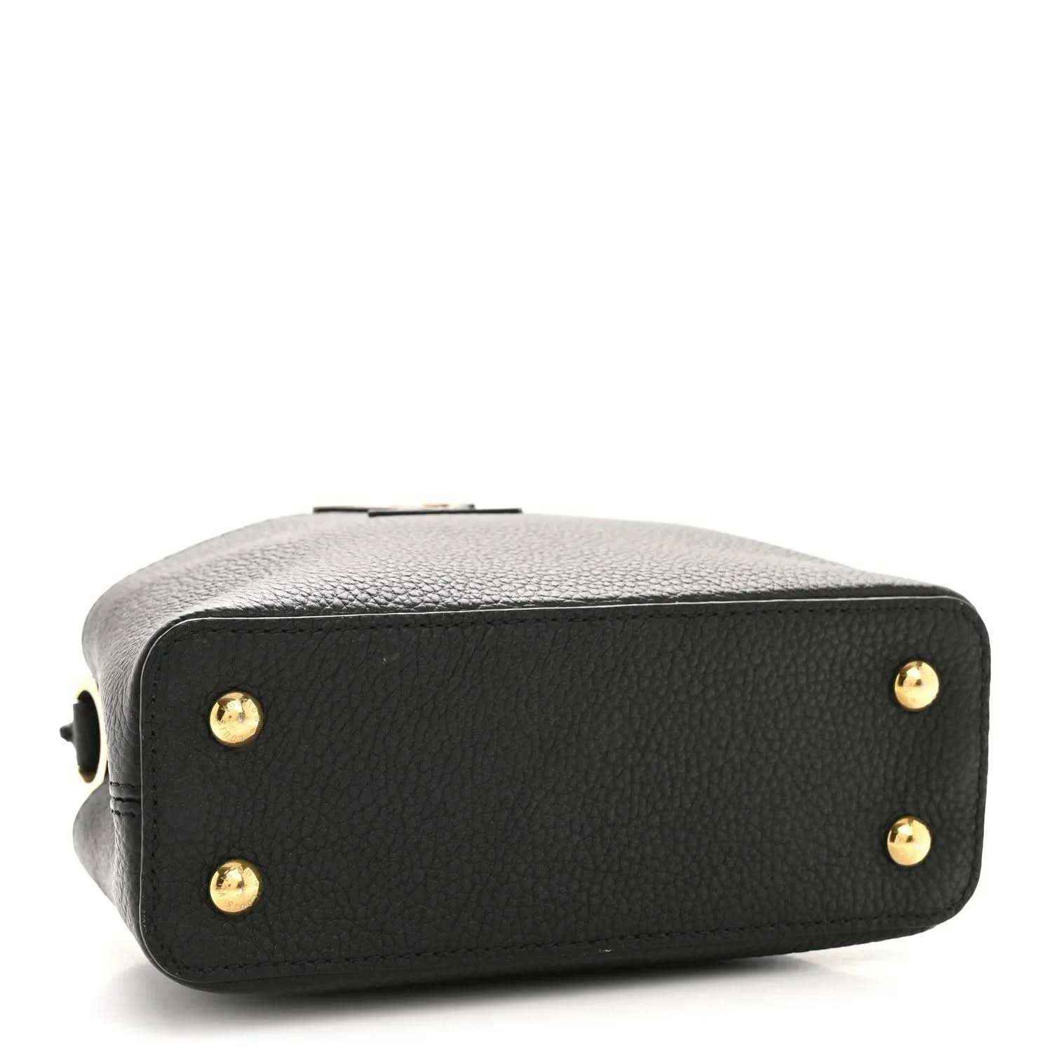 Black pebbled leather mini handbag back with gold snap studs