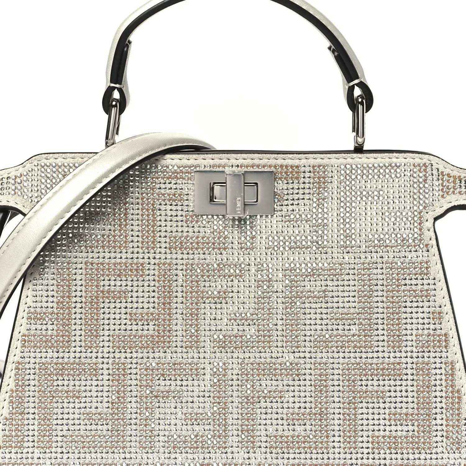 Small crystal satchel front close-up with top handle and FF pattern panel
