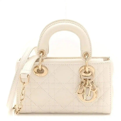 Cream lambskin cannage micro lady D-Joy bag with top handles and gold hardware
