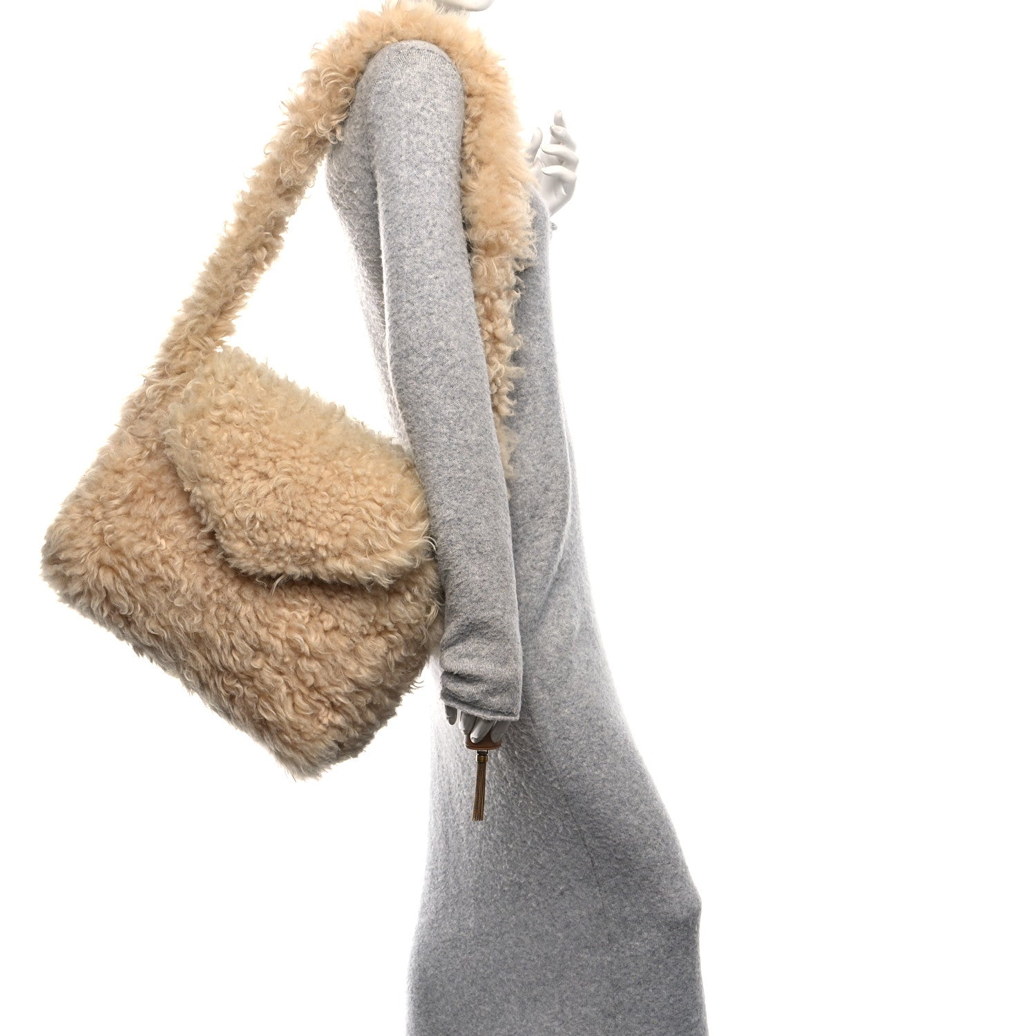 SAINT LAURENT shearling shoulder bag, natural with long gray fabric strap