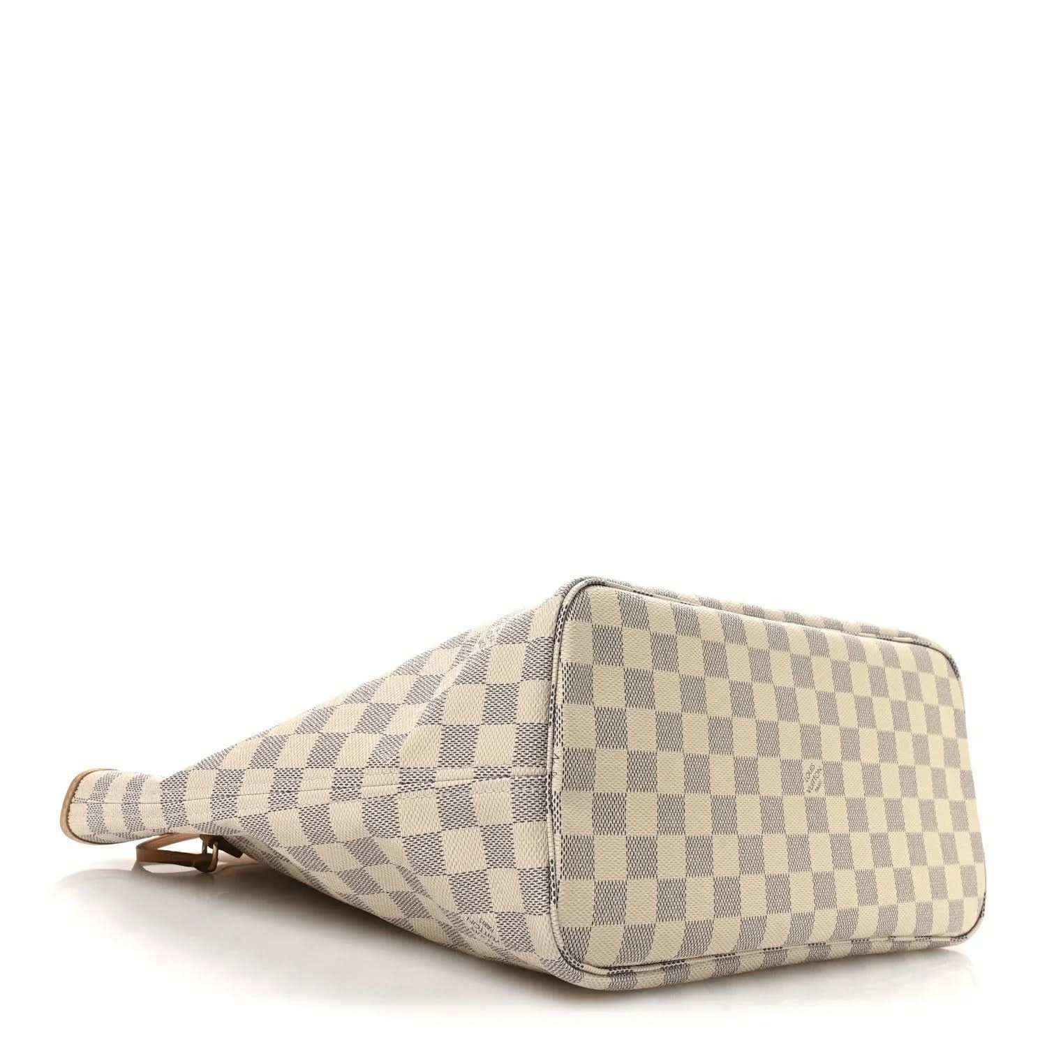 Damier Azur Neverfull MM tote bag with checkered pattern and flat base