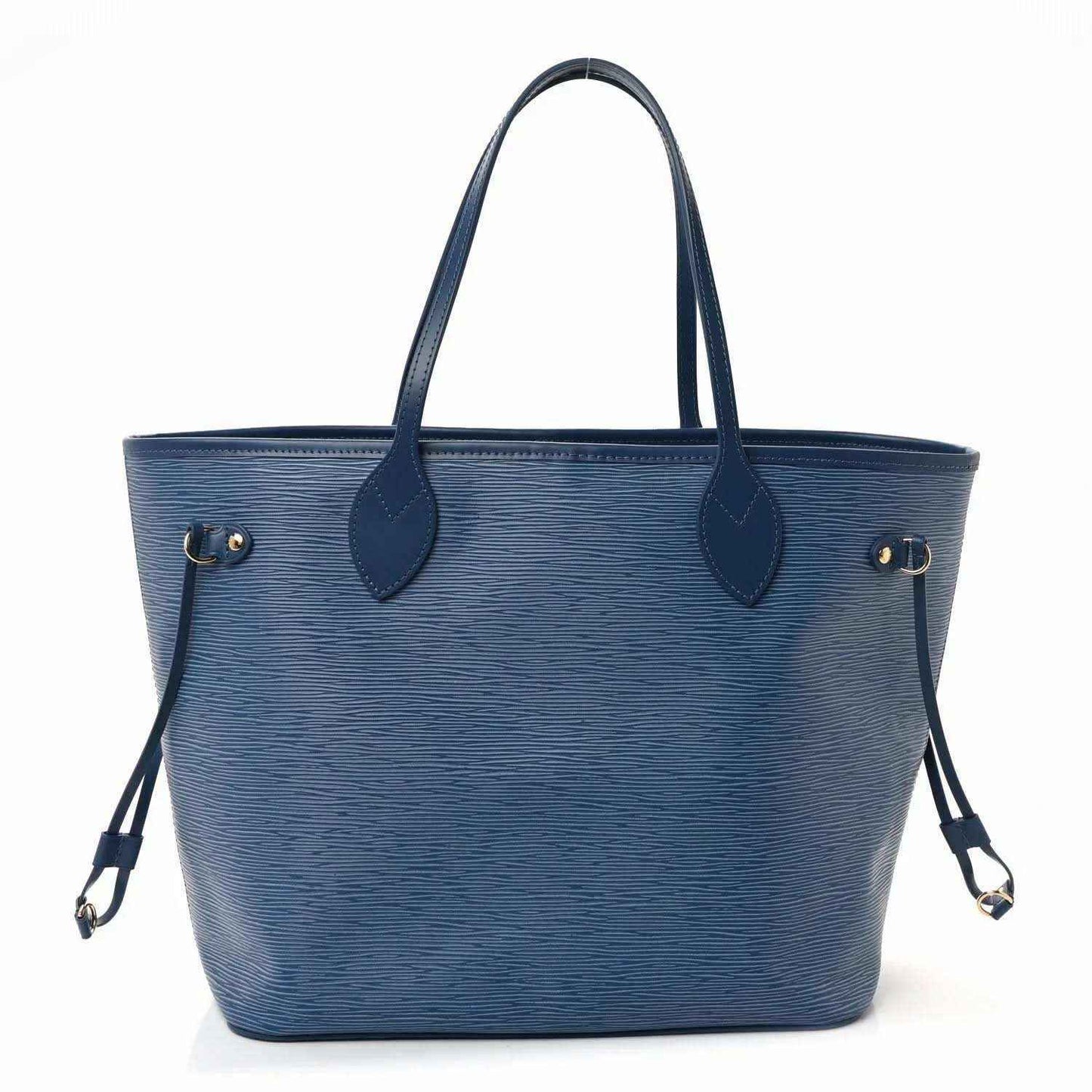 Denim blue leather tote bag with dual top handles and front snap pocket