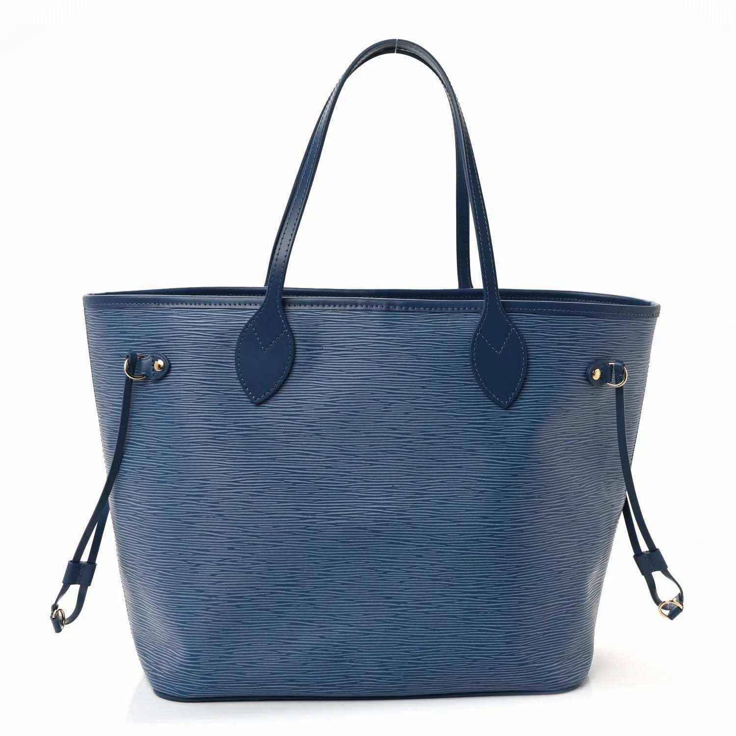Denim blue leather tote bag with dual top handles and front snap pocket