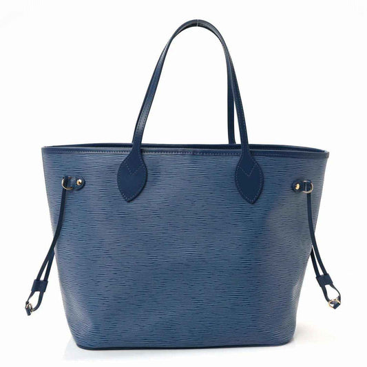 Denim blue leather tote bag with dual top handles and front snap pocket