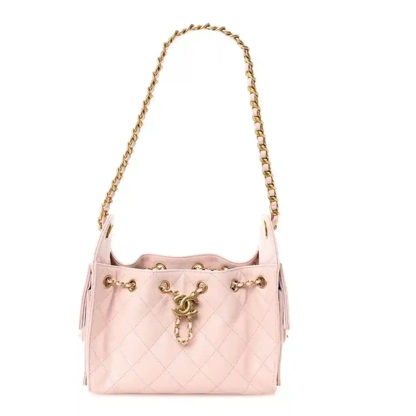 Chanel light pink quilted caviar mini 25 handbag with gold chain and front clasp