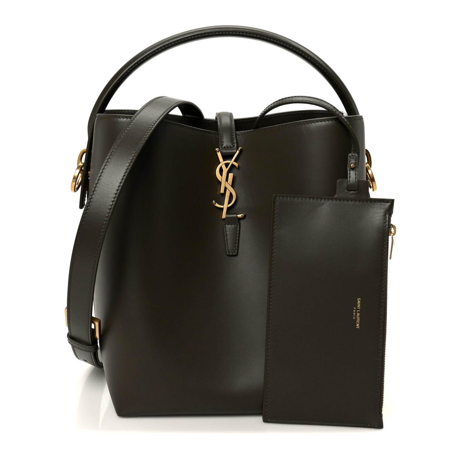 Saint Laurent bucket bag with top handles, deep musk finish, and front YSL logo plaque.