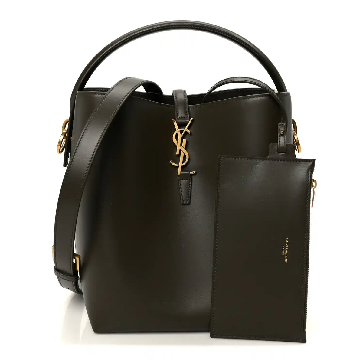 Saint Laurent bucket bag with top handles, deep musk finish, and front YSL logo plaque.