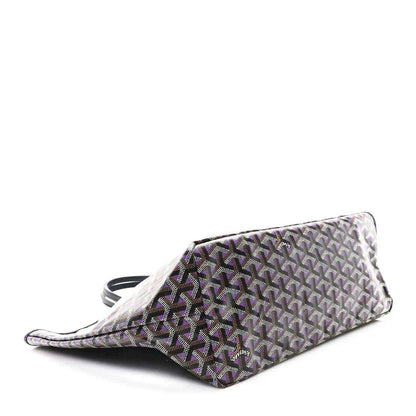 Tote bag corner view, monogram pattern fabric, light base with dark and purple accents
