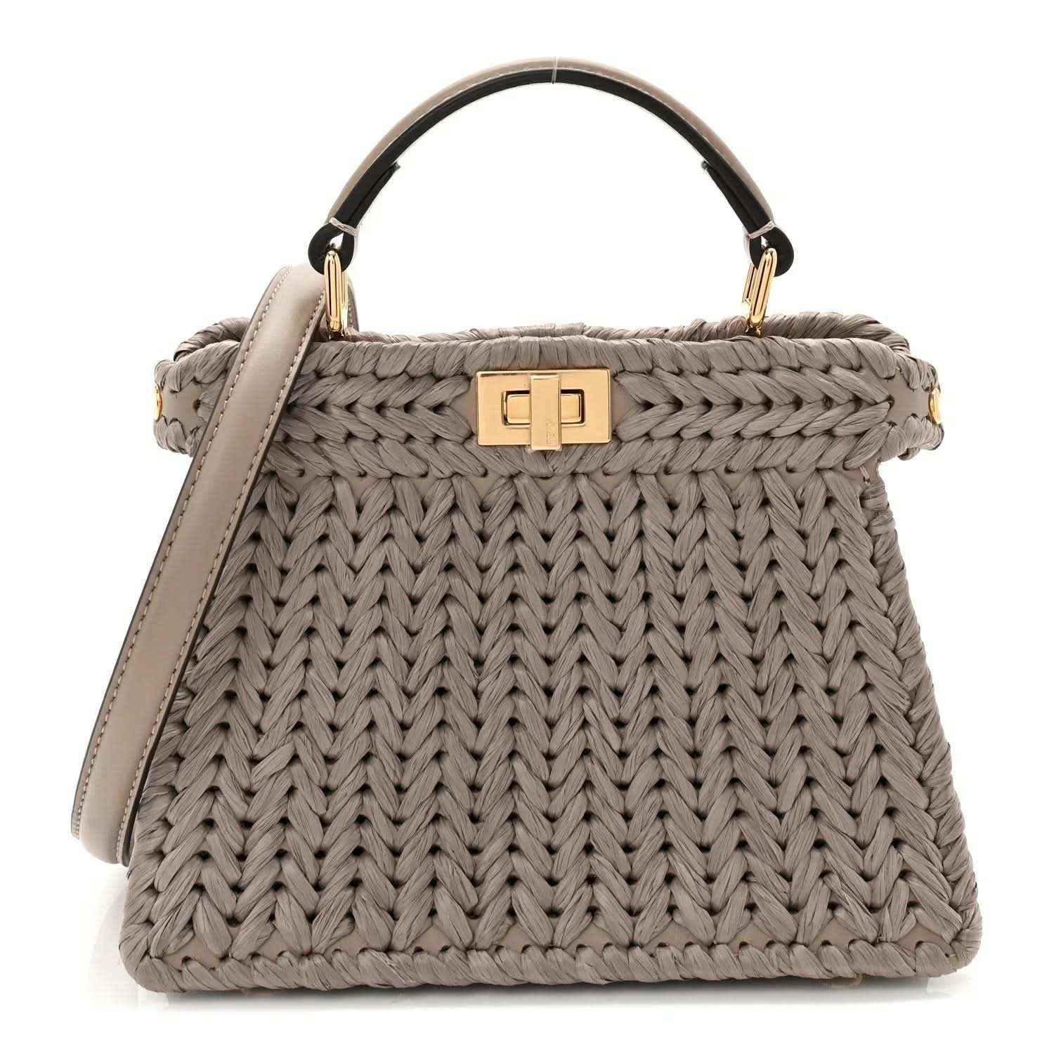 Gray woven raffia and leather satchel with top handle and gold clasp