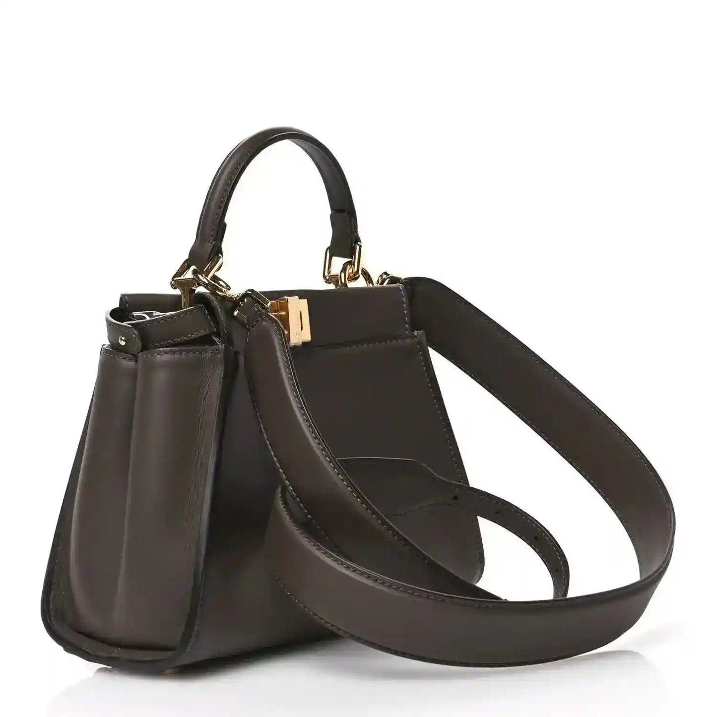 Mini satchel in dark brown leather with top handle, wide shoulder strap, gold hardware.