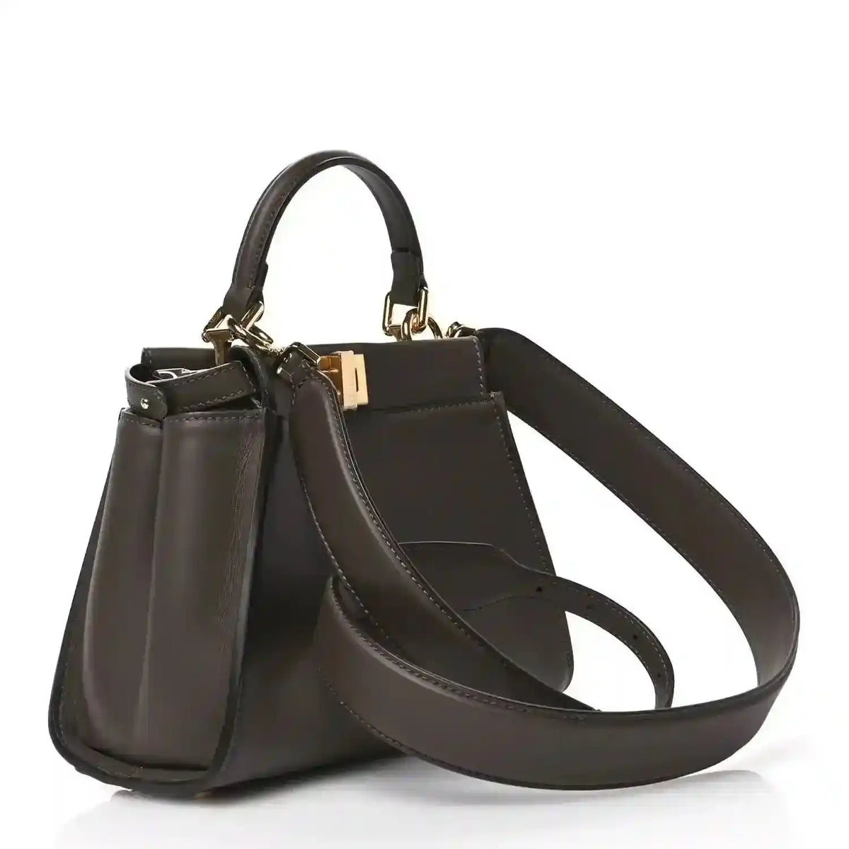 Mini satchel in dark brown leather with top handle, wide shoulder strap, gold hardware.