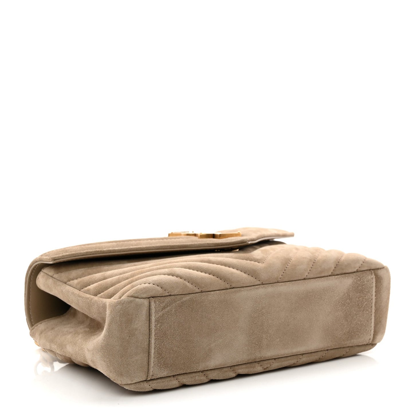 Taupe suede quilted shoulder bag, side view with structured flap and seam