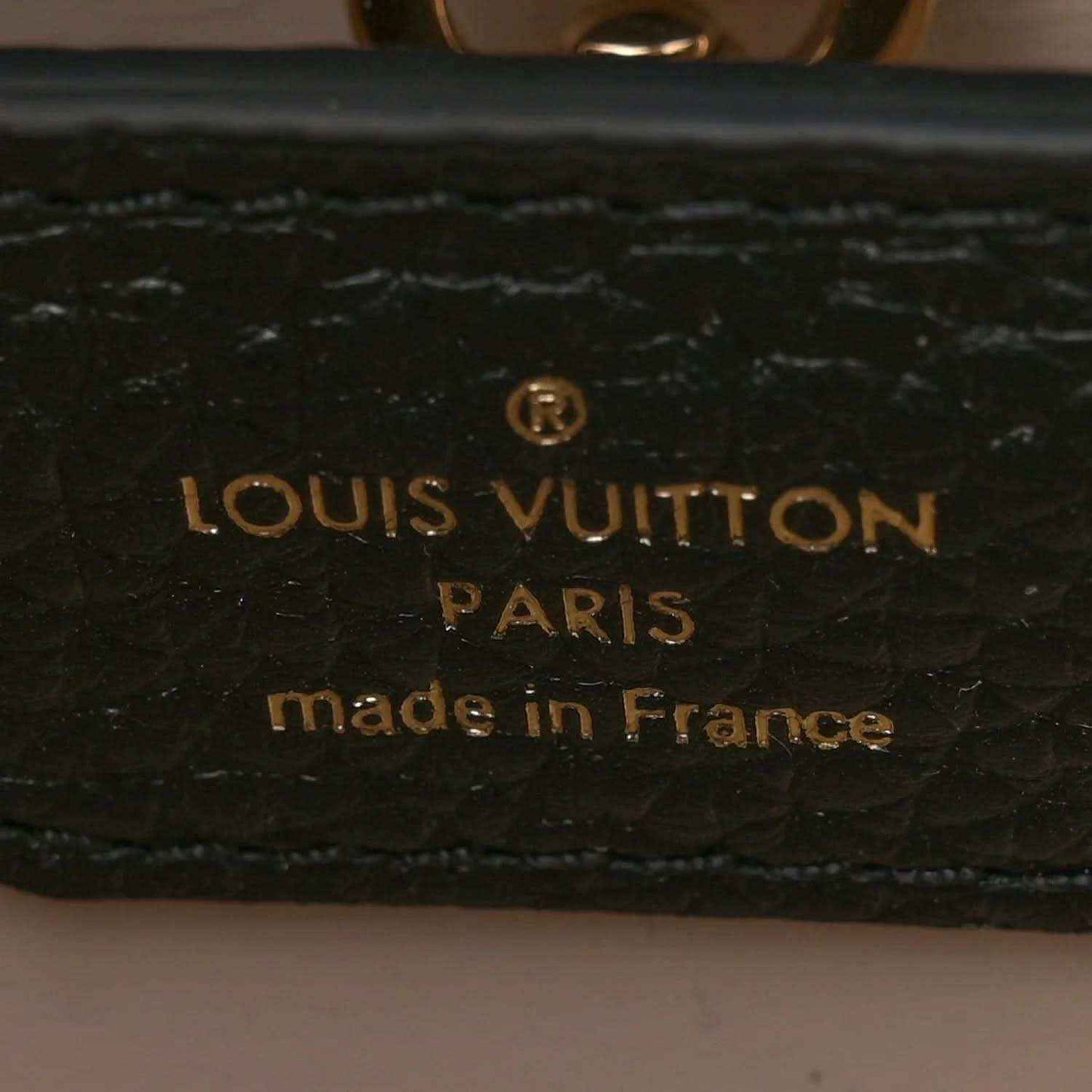 Leather bag lining with embossed "LOUIS VUITTON PARIS" and "made in France"