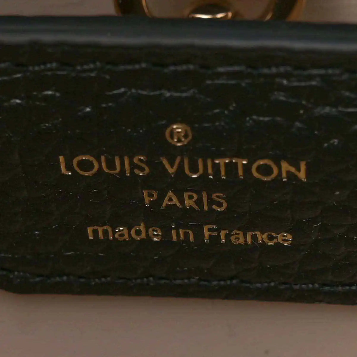 Leather bag lining with embossed "LOUIS VUITTON PARIS" and "made in France"