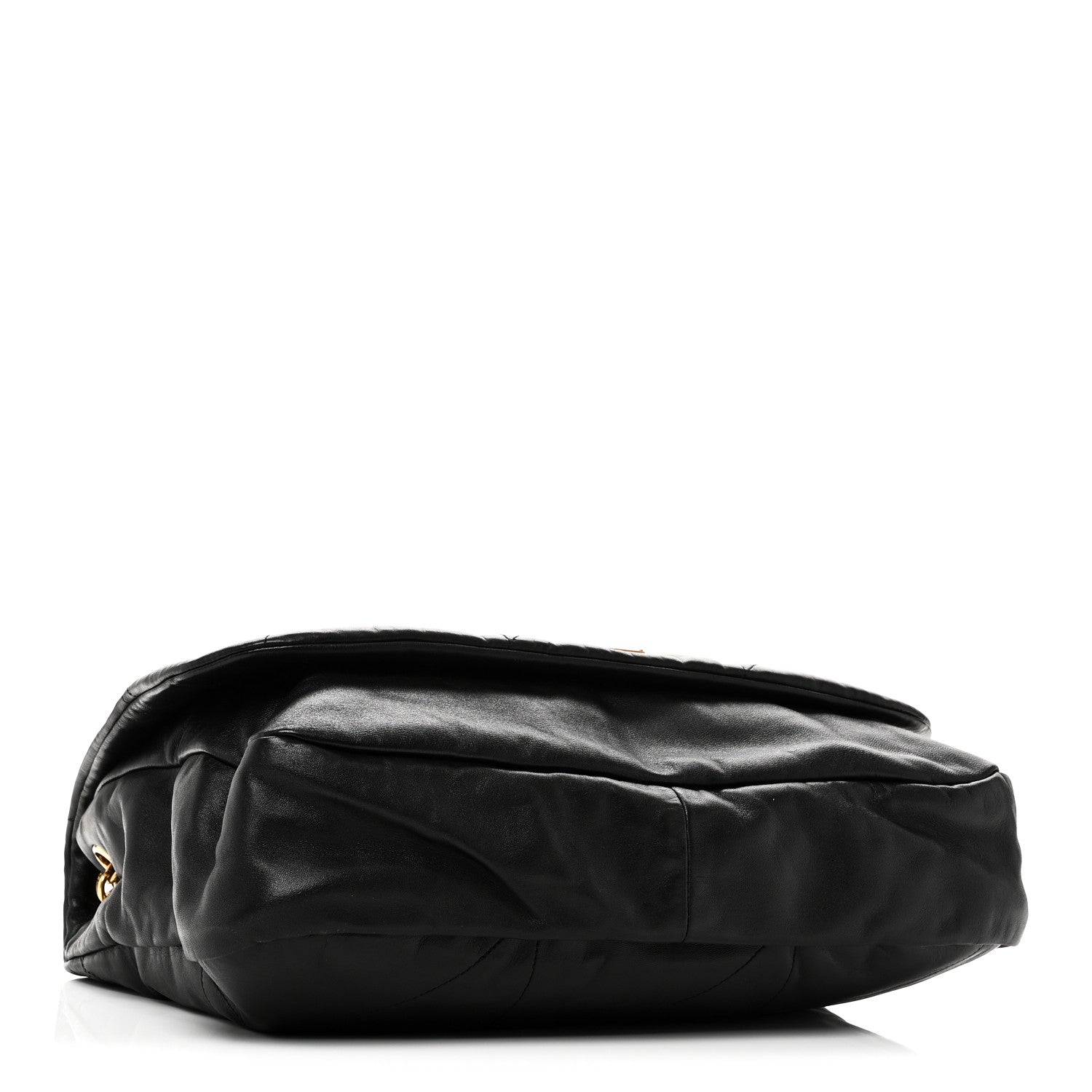 Black lambskin matelassé shoulder bag, side view with rounded flap