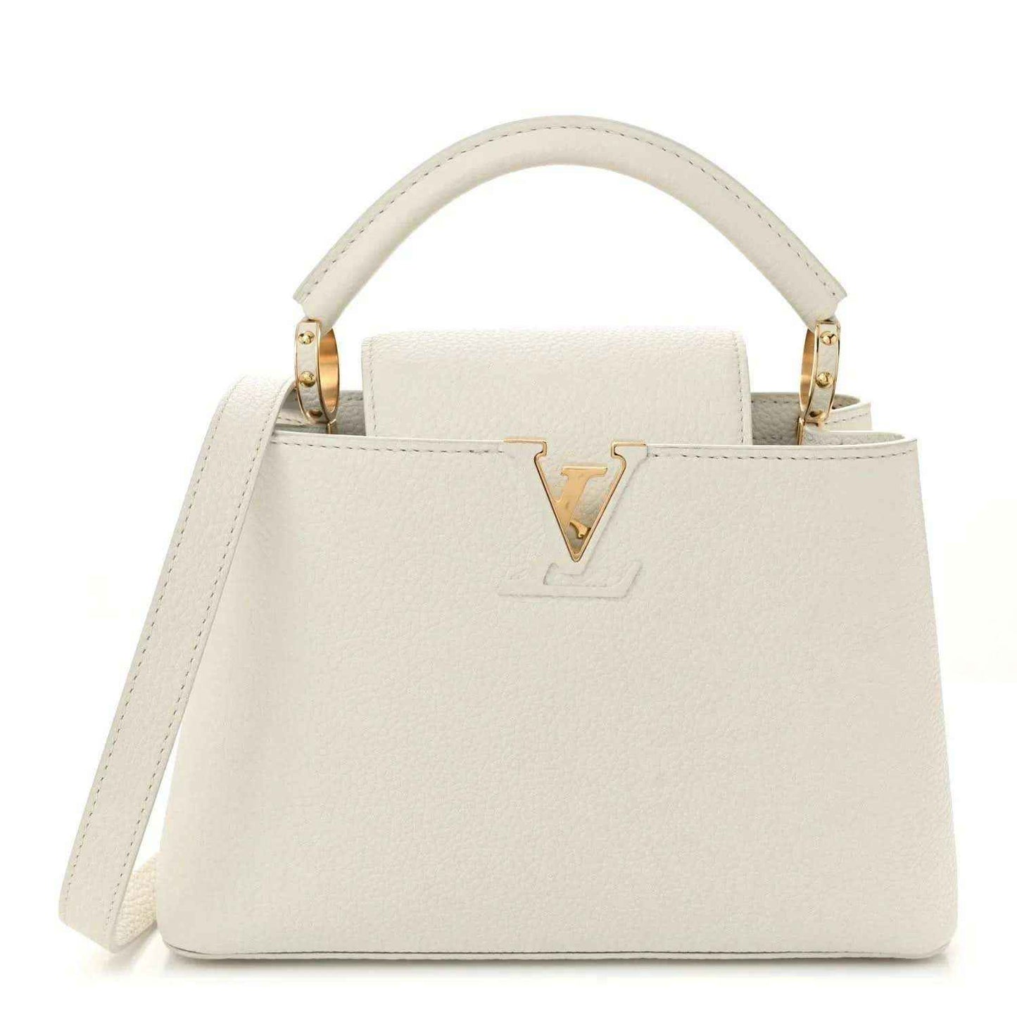 White top-handle bag with gold V logo and structured front flap