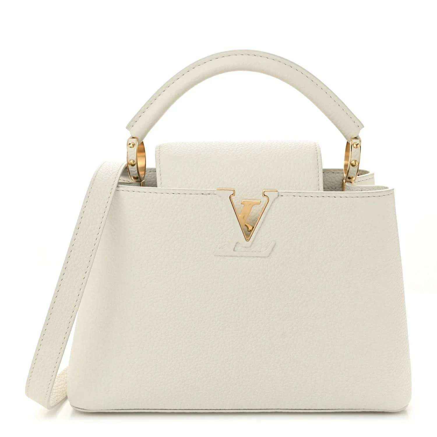 White top-handle bag with gold V logo and structured front flap