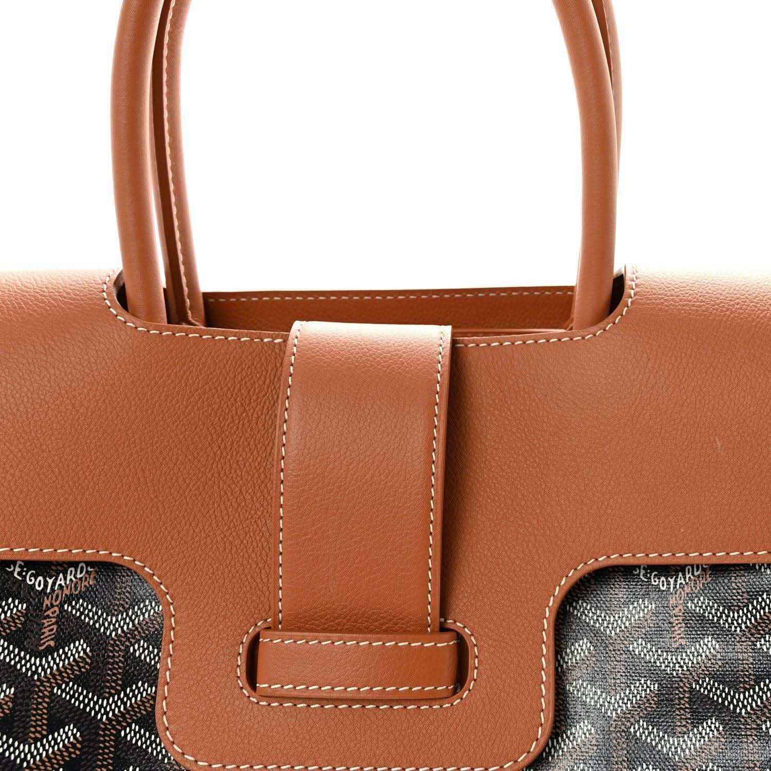 Goyard Saigon tote handbag top view with tan leather handle and center strap detail