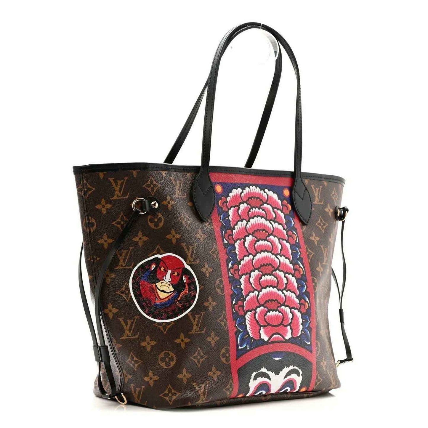 Monogram tote with black handles, vertical floral-style print and small round emblem