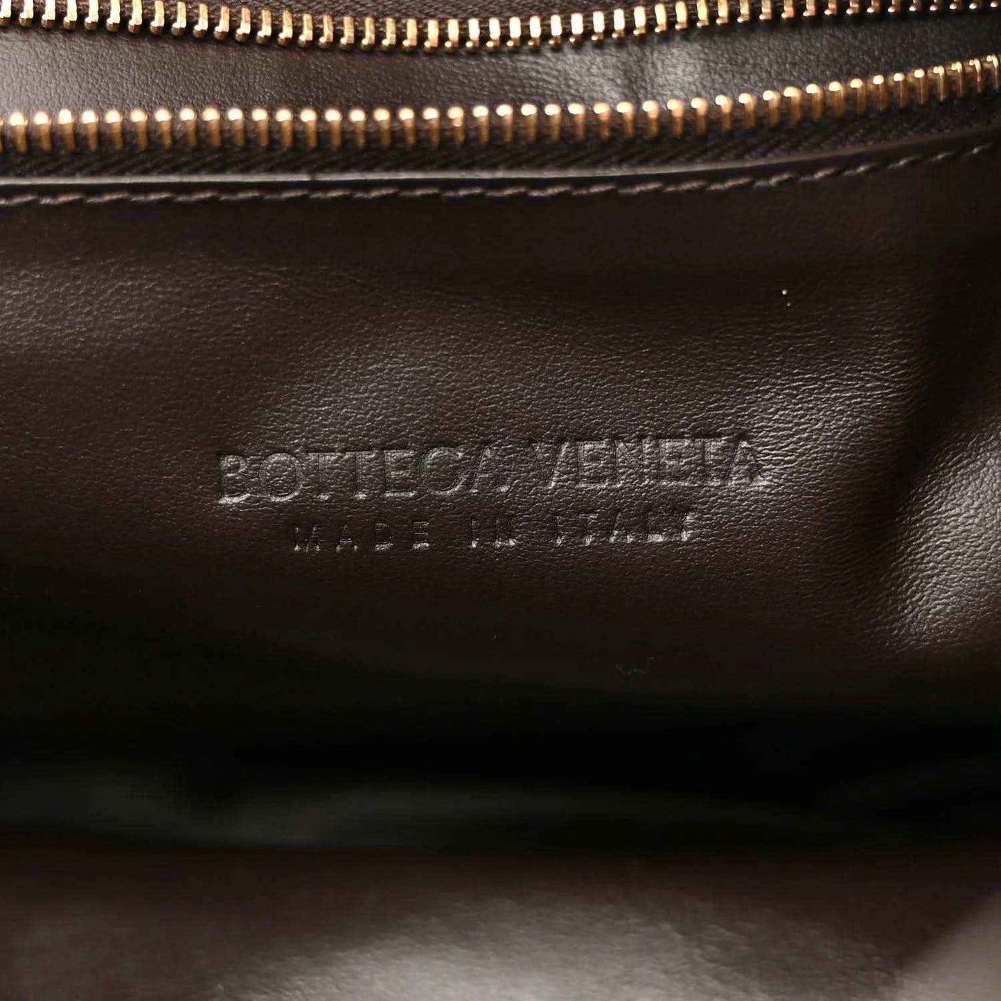 Leather interior close-up with gold-tone zipper and stamped branding