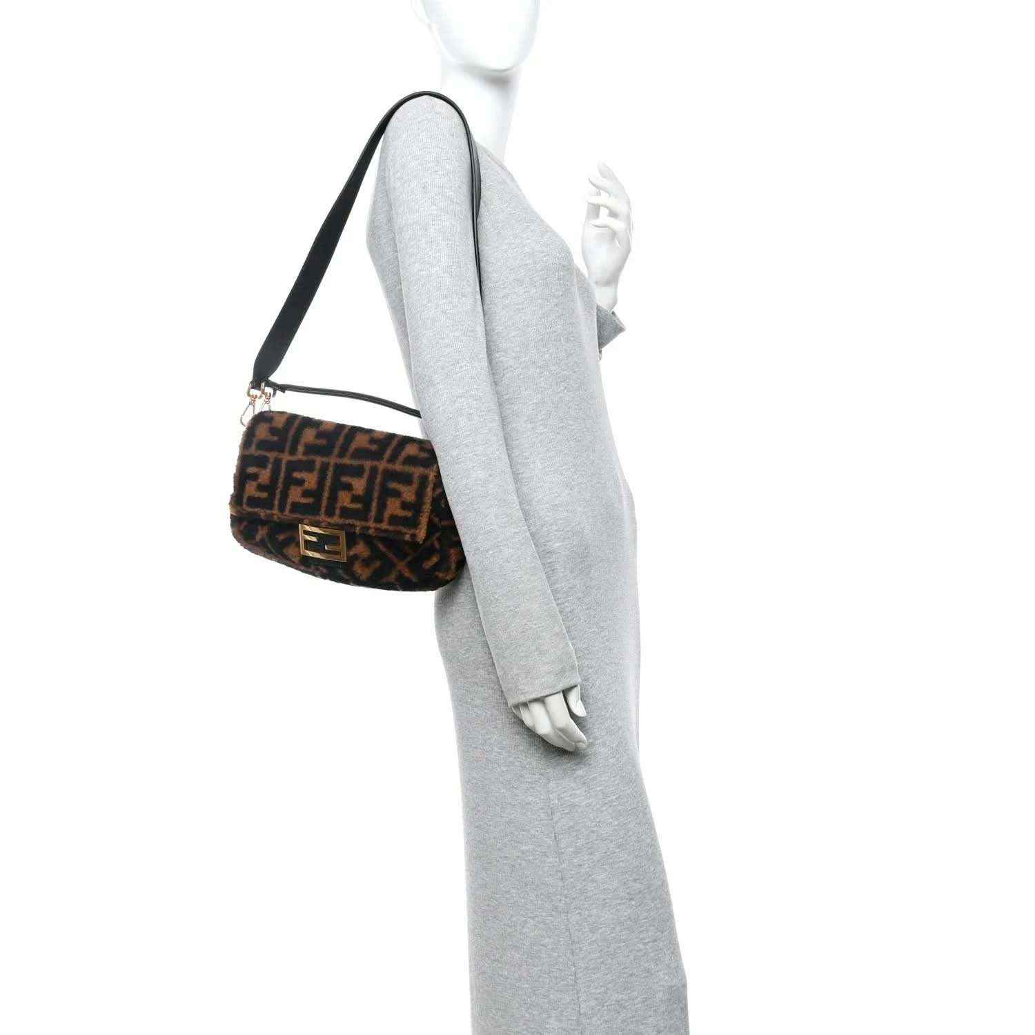 Shearling Baguette bag with FF logo, tobacco-and-black pattern, shoulder strap.