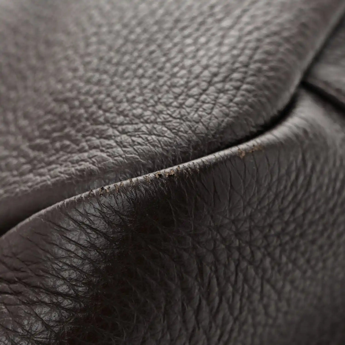 Grained deerskin tote leather detail with neat seam and brushed hardware