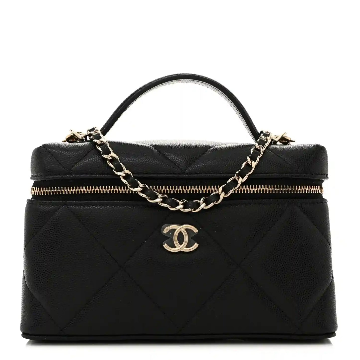 Black quilted leather slim vanity bag with gold chain, zipper top, and CC logo charm