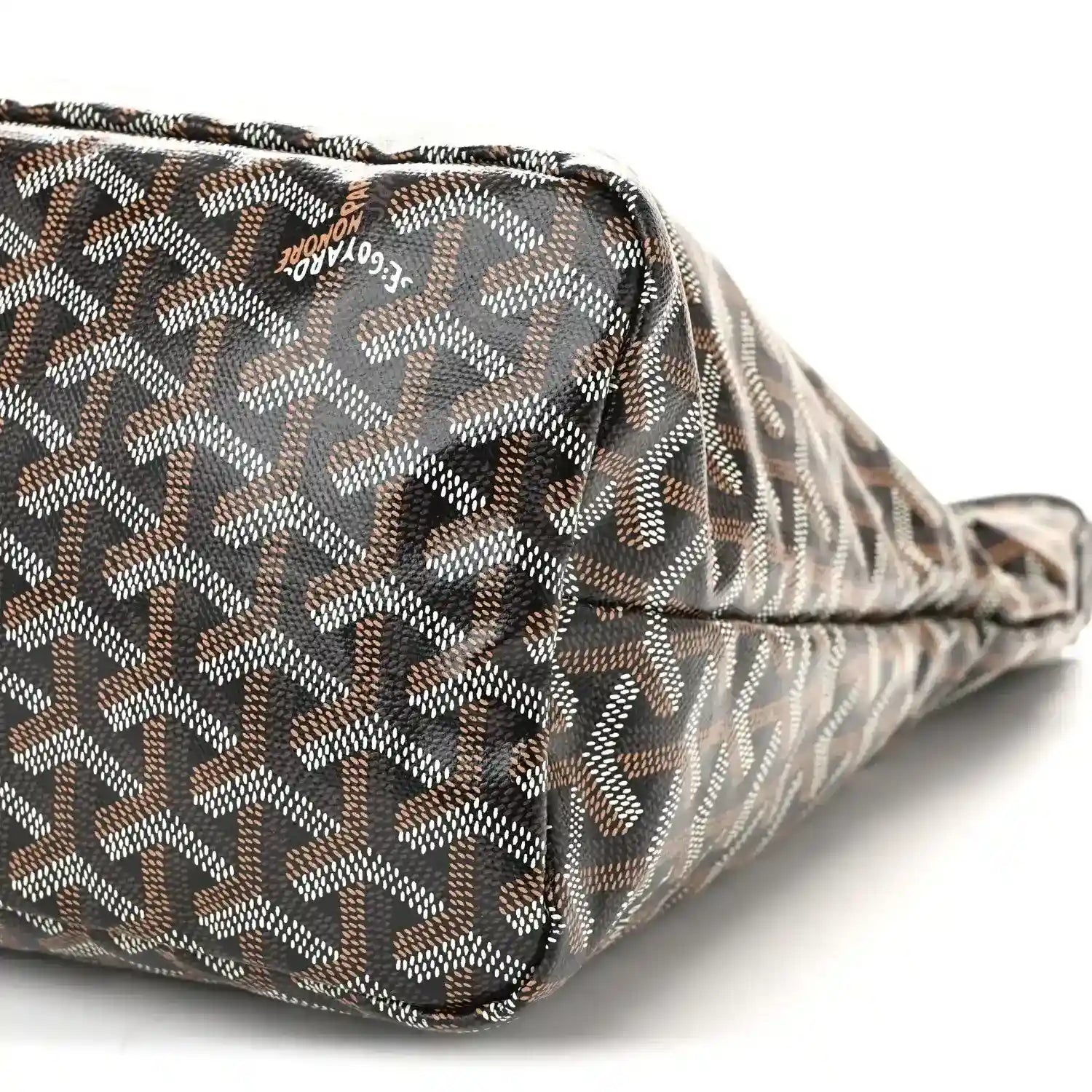 Black coated canvas hobo shoulder bag with chevron monogram, rounded side panel and top edge