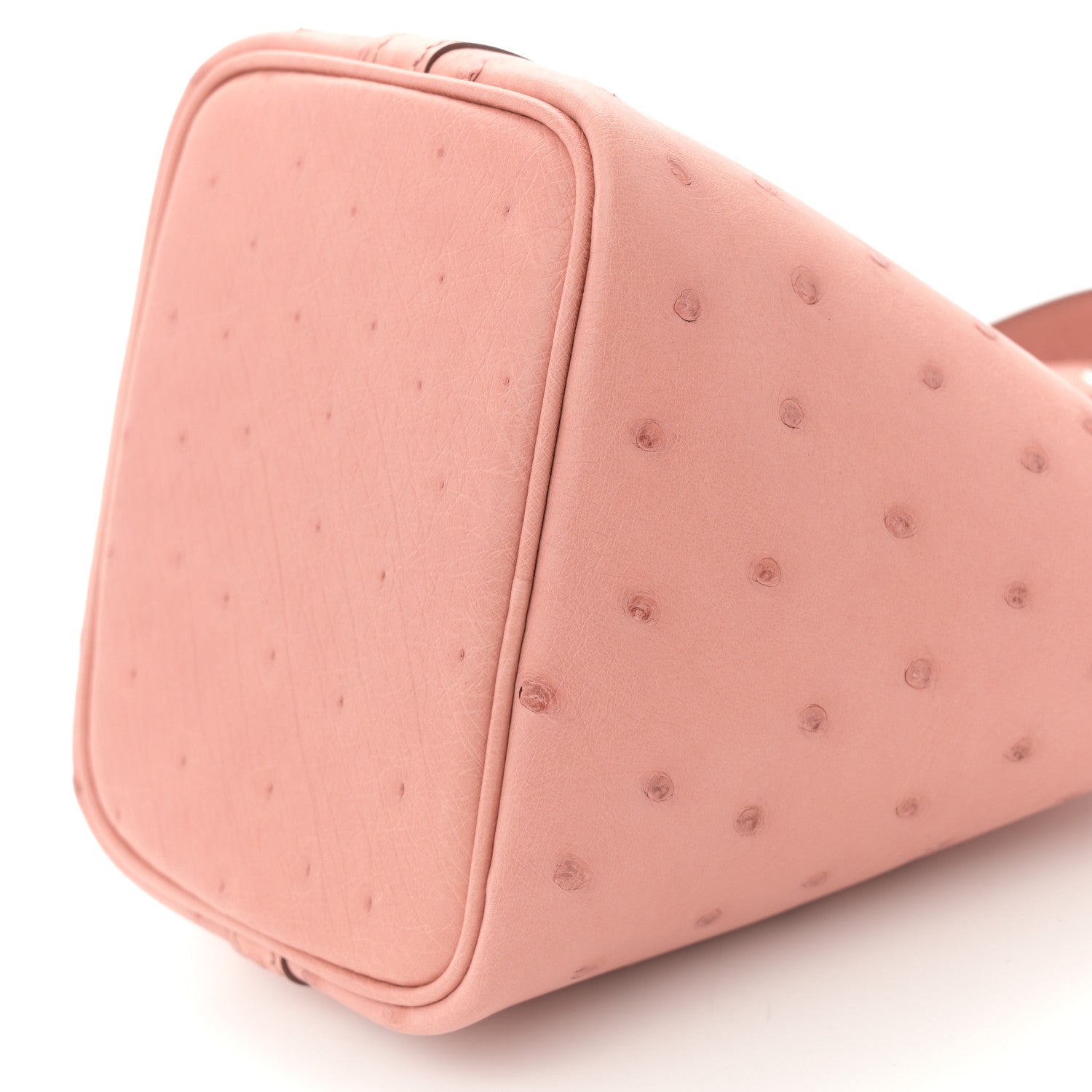 Ostrich leather micro Picotin lock bucket bag in terre cuite pink, triangular silhouette