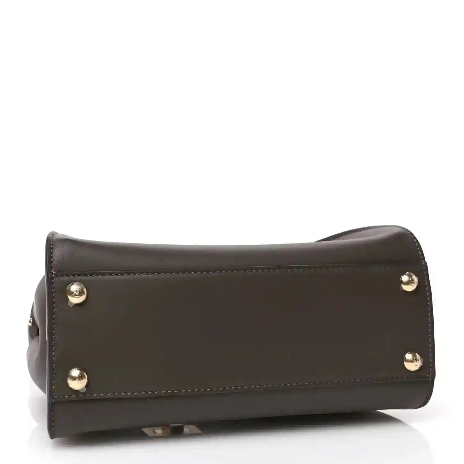 Mini satchel base in dark brown leather with two gold stud feet.