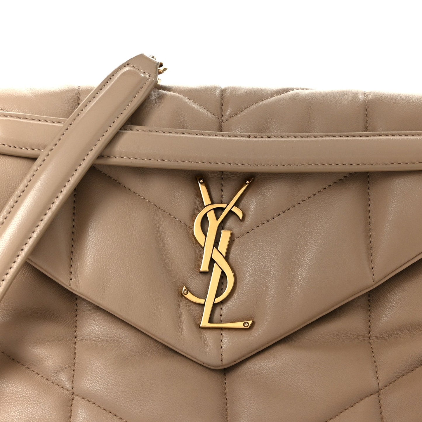 Small puffer chain satchel dark beige front with YSL monogram clasp