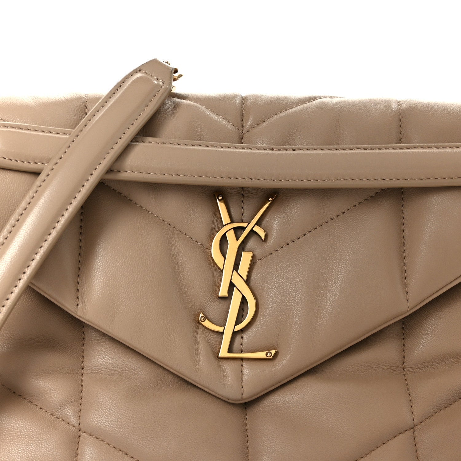 Small puffer chain satchel dark beige front with YSL monogram clasp