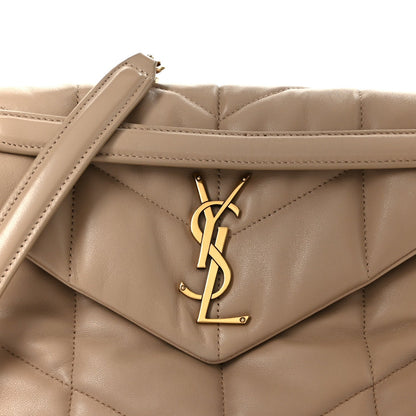 Small puffer chain satchel dark beige front with YSL monogram clasp