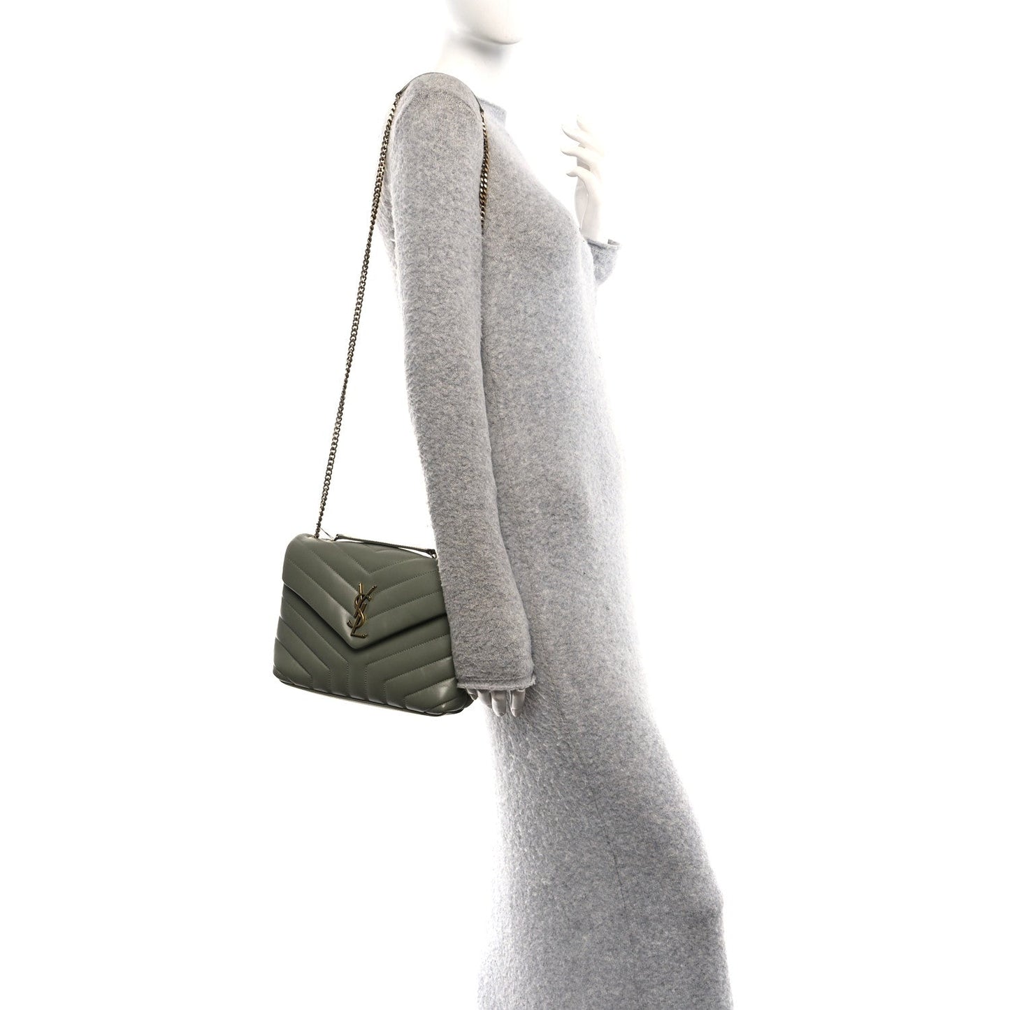 Light sage quilted leather small crossbody satchel with chain strap and YSL emblem