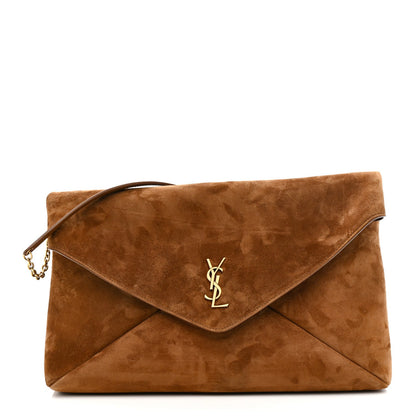 Caramel cognac suede pouch on-chain bag with gold YSL logo on front flap
