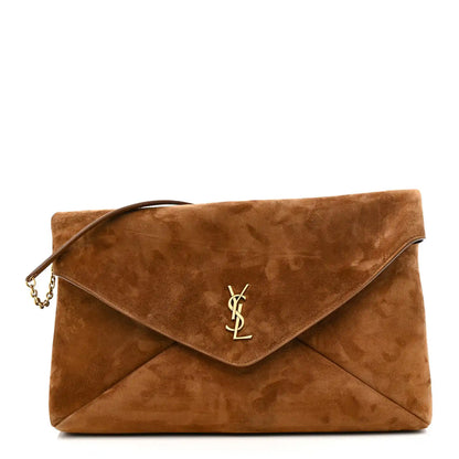 Caramel cognac suede pouch on-chain bag with gold YSL logo on front flap